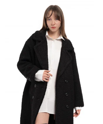Yün Karışımlı Düğmeli Peluş Kaban Siyah