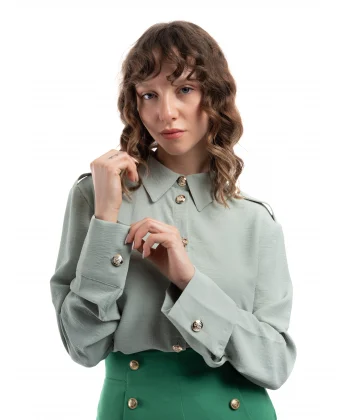 Mint Yeşil Apoletli Gold Düğmeli Gömlek