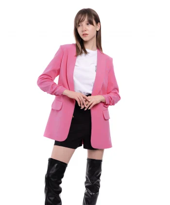 Atlas Kumaş Büzgü Kol Pembe Blazer Ceket