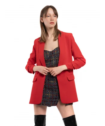 Atlas Kumaş Büzgü Kol Tam Kalıp Astarlı Kırmızı Blazer Ceket