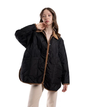 Oversize Kapitone Kadife Yaka Siyah Mevsimlik Ceket