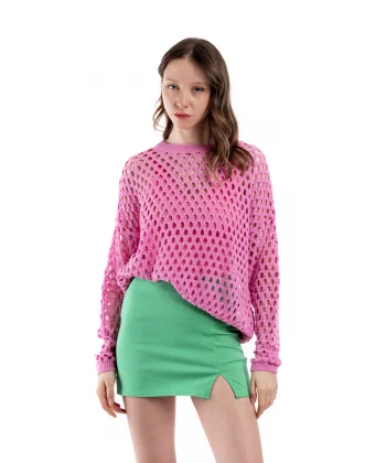 Ajur Detaylı İnce Triko Pembe