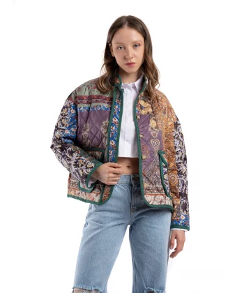 Etnik Desen Yeşil Kapitone Ceket