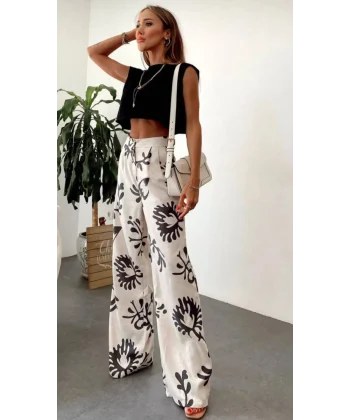 Siyah Çiçek Desenli Krem Palazzo Keten Pantolon
