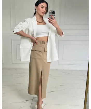 Oversize Düğmeli Beyaz Keten Ceket