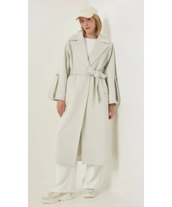 Premium Model Kol Detay Yün Kaban Krem