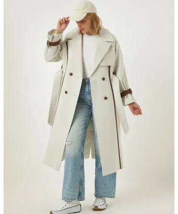 Premium Model Deri Kol Ekru Yün Kaban