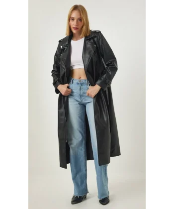 SİYAH FERMUAR DETAYLI DERİ KABAN TRENÇKOT