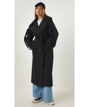 PREMİUM MODEL KOLDA CEP DETAYLI YÜN KABAN SİYAH