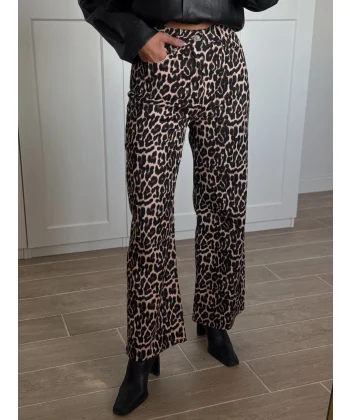 Leopar Desen Yüksek Bel Gabardin Pantolon