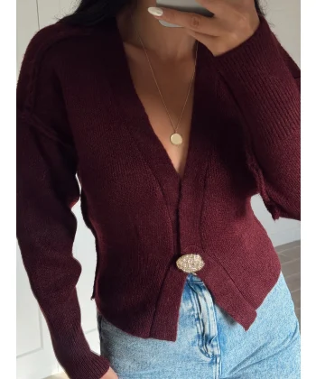 Ters Dikişli Tek Düğmeli Bordo Hırka