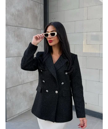 Simli Şanel Kruvaze Siyah Blazer Ceket