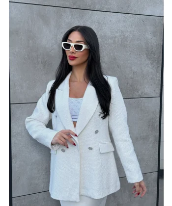 Simli Şanel Kruvaze Beyaz Blazer Ceket