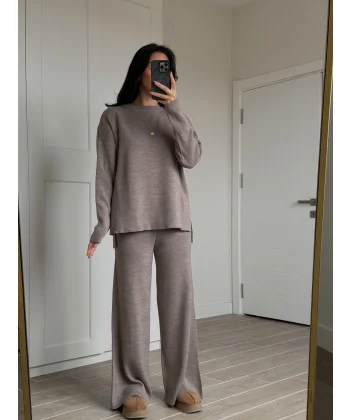 Bisiklet Yaka Yırtmaçlı Kazak Pantolon Triko Takım Vizon