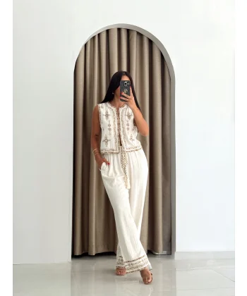 Ethno Şıklık Yelek Pantolon İkili Takım - Ekru