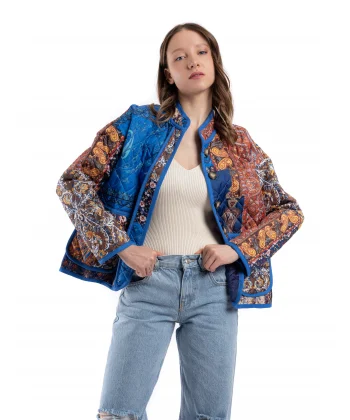 Etnik Desen Mavi Kapitone Ceket