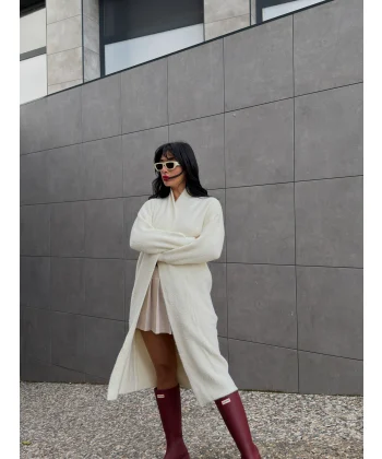 Yumoş Doku Uzun Hırka-Ekru