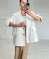 Oversize Düğmeli Beyaz Keten Ceket