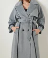 Premium Seri Deri Kol Kemerli Yün Kaban-Gri