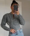 Gri Ters Dikiş İnci Detaylı Hırka