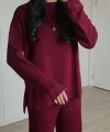 Bisiklet Yaka Yırtmaçlı Kazak Pantolon Triko Takım Bordo