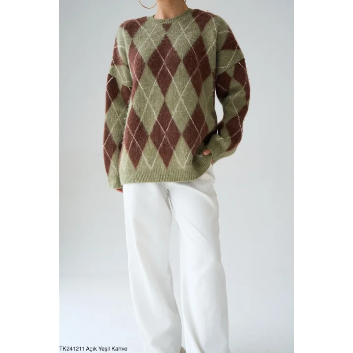 Baklava Desen Uzun Kazak-Yeşil/Kahve