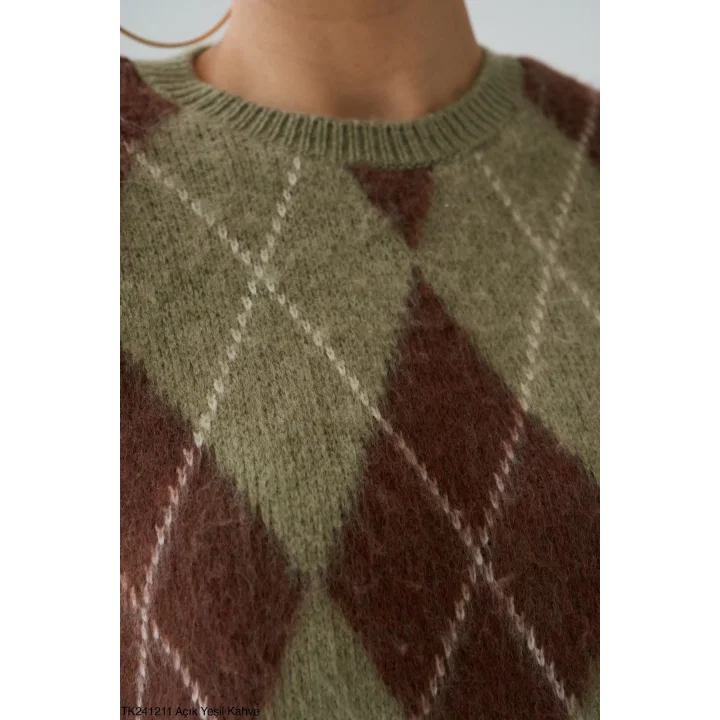 Baklava Desen Uzun Kazak-Yeşil/Kahve