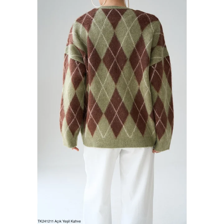 Baklava Desen Uzun Kazak-Yeşil/Kahve