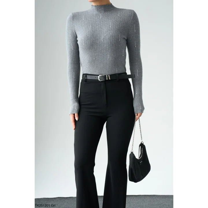 Taşlı Uzun Kol Kazak-Gri