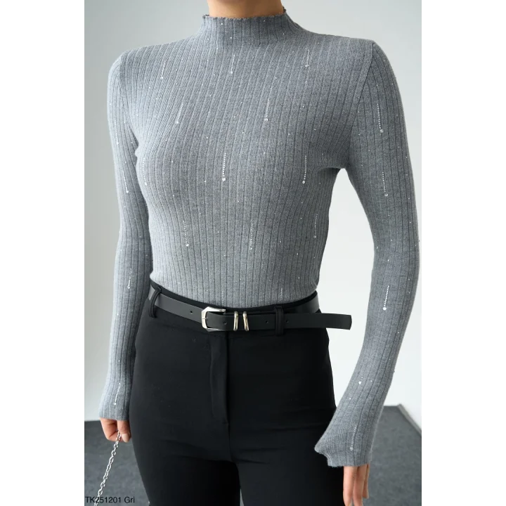 Taşlı Uzun Kol Kazak-Gri