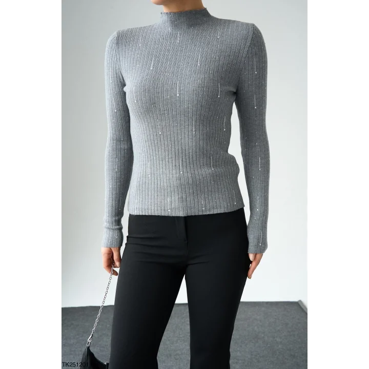 Taşlı Uzun Kol Kazak-Gri