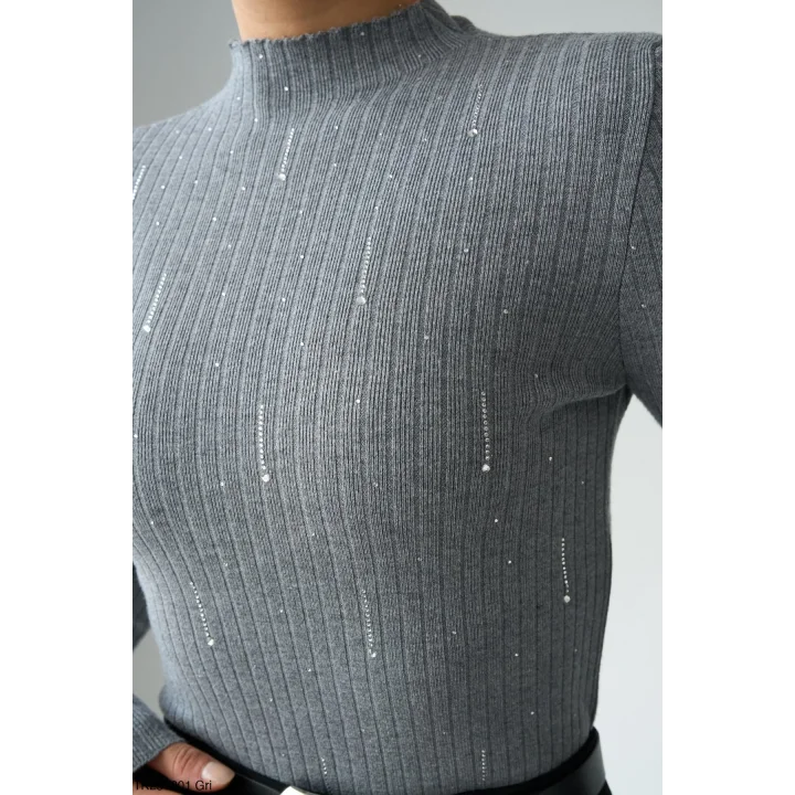 Taşlı Uzun Kol Kazak-Gri