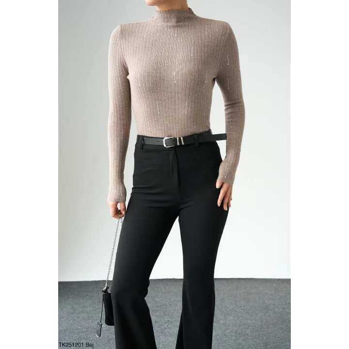 Taşlı Uzun Kol Kazak-Bej