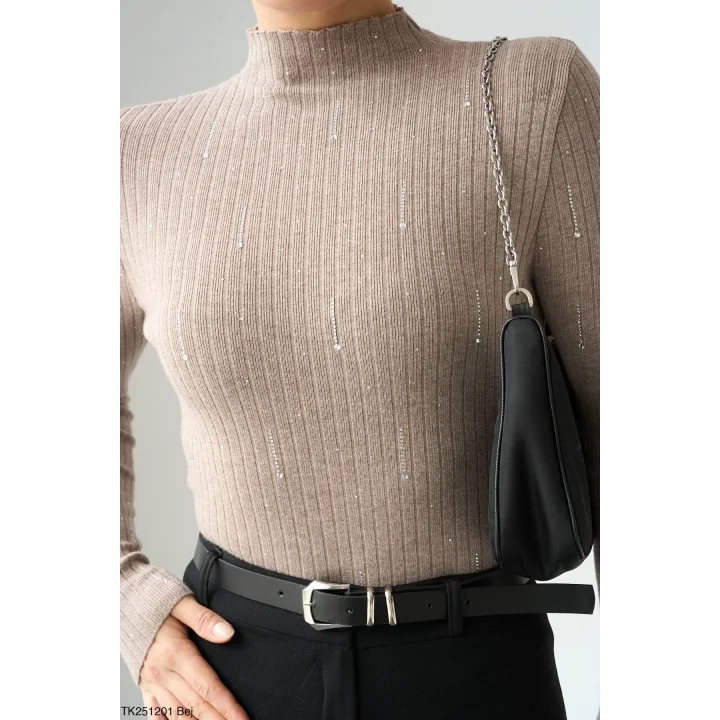 Taşlı Uzun Kol Kazak-Bej