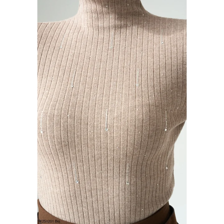 Taşlı Uzun Kol Kazak-Bej