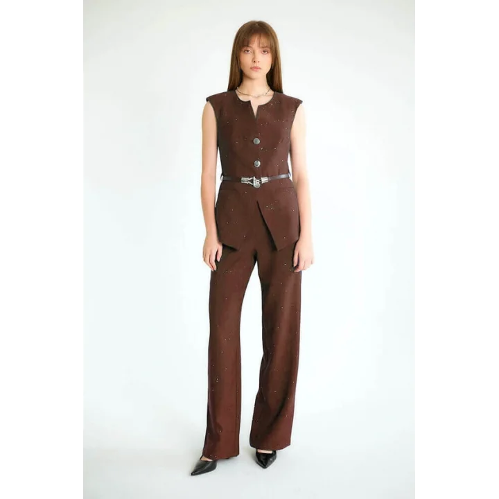 Pul İşlemeli Kemerli Yelek Pantolon Takım-Kahve
