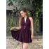 Boyundan Bağlamalı Gold Detaylı Drapeli Mini Elbise- Mürdüm/Mor