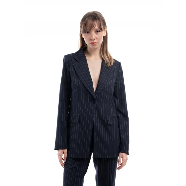 Premium Kumaş Çizgili Lacivert Ceket Pantolon Takım