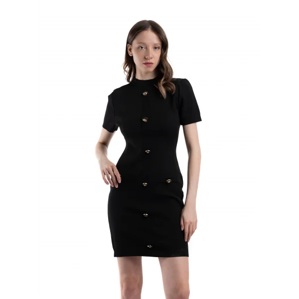 Siyah Önü Düğme Detaylı Triko Elbise
