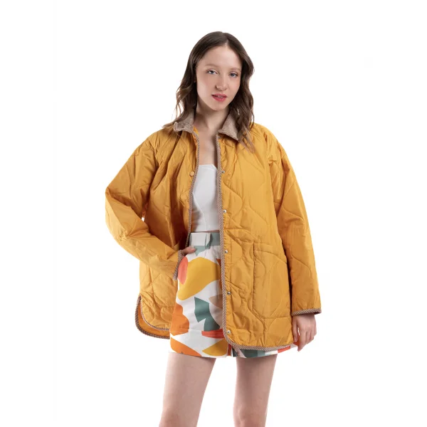 Oversize Kapitone Kadife Yaka Sarı Hardal Ceket Mont