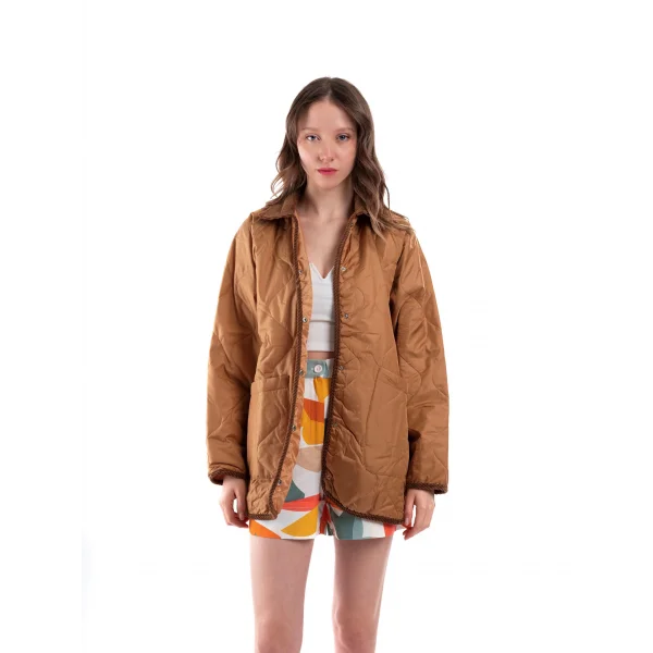 Oversize Kapitone Kadife Yaka Kahverengi Ceket