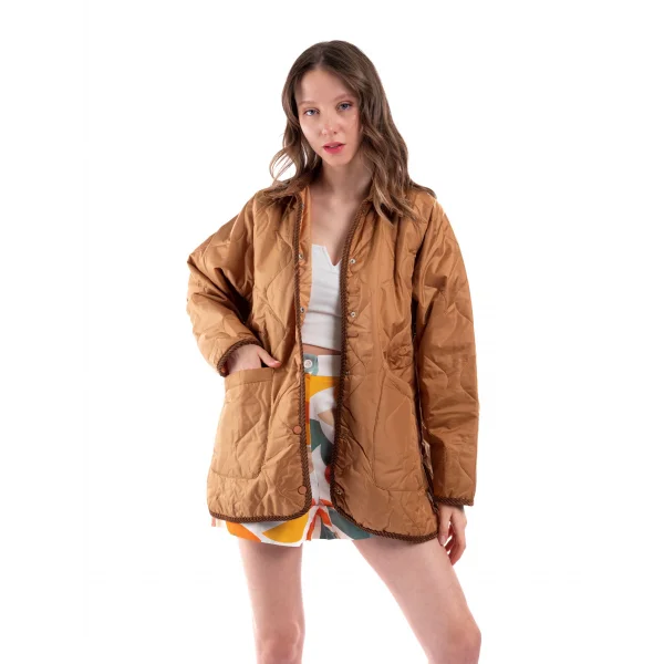 Oversize Kapitone Kadife Yaka Kahverengi Ceket