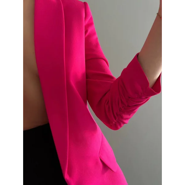 Atlas Kumaş Astarlı Büzgü Kol Tam Kalıp Fuşya Blazer Ceket