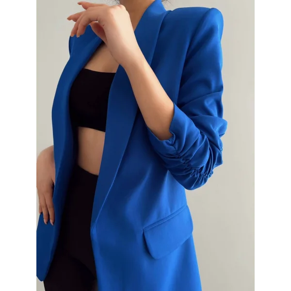 Atlas Kumaş Astarlı Büzgü Kol Tam Kalıp Saks Mavi Blazer Ceket