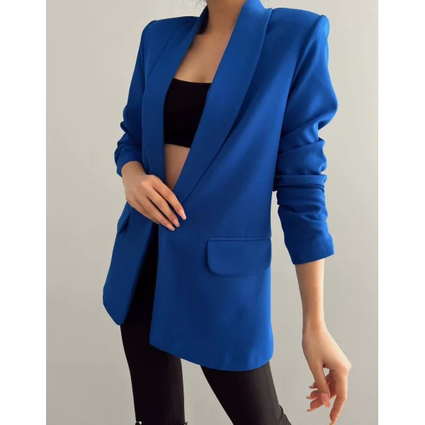 Atlas Kumaş Astarlı Büzgü Kol Tam Kalıp Saks Mavi Blazer Ceket