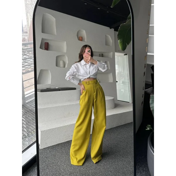 Kemer Aksesuarlı Hardal Palazzo Pantolon