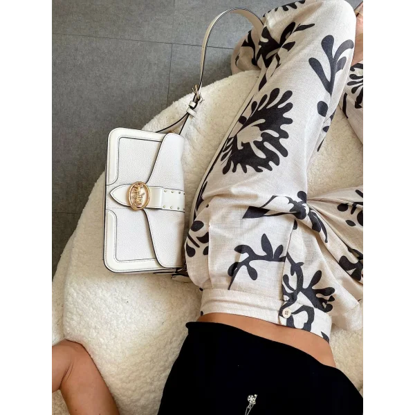 Siyah Çiçek Desenli Krem Palazzo Keten Pantolon