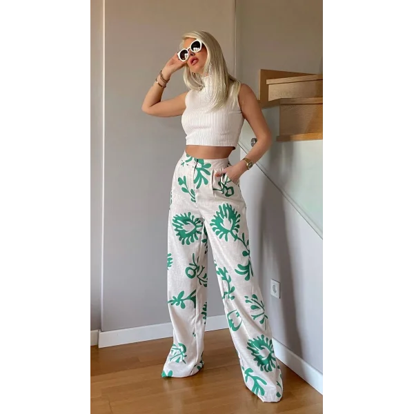 Yeşil Çiçek Desenli Krem Palazzo Keten Pantolon