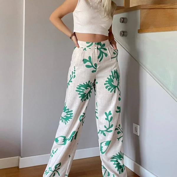 Yeşil Çiçek Desenli Krem Palazzo Keten Pantolon