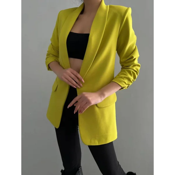 Atlas Kumaş Astarlı Büzgü Kol Tam Kalıp Hardal Blazer Ceket